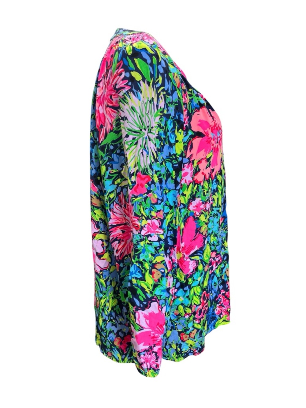 Lilly Pulitzer 100% Silk Floral Tunic Blouse XL Pink Navy Resort Tropical Top - Picture 4 of 9